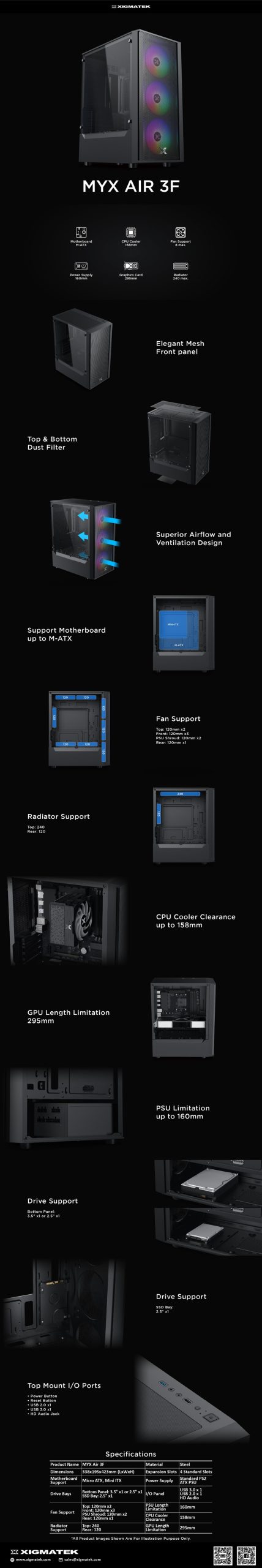 Vỏ Case Xigmatek MYX Air 3F EN45967 (Matx, 3 fan RGB, Màu Đen)