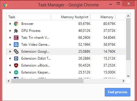 Giải phóng dung lượng chrome bằng task manager