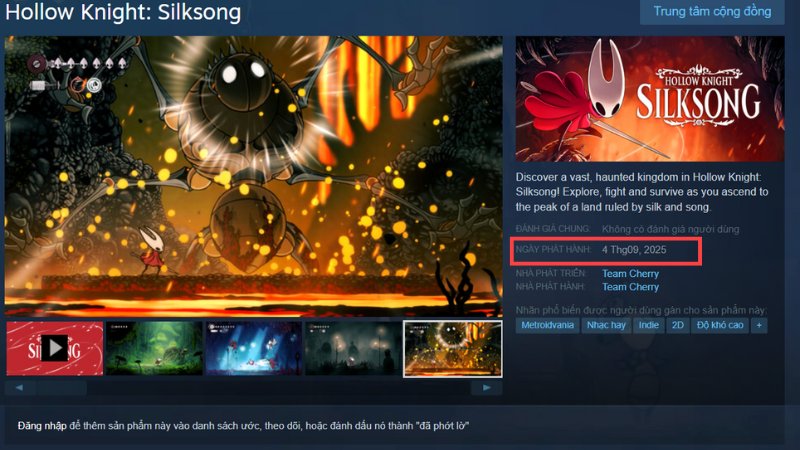 Hollow Knight: Silksong ra mắt ngày 04 tháng 09 năm 2025