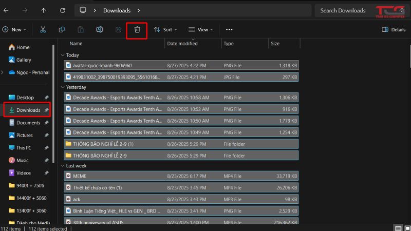 Xóa file downloads