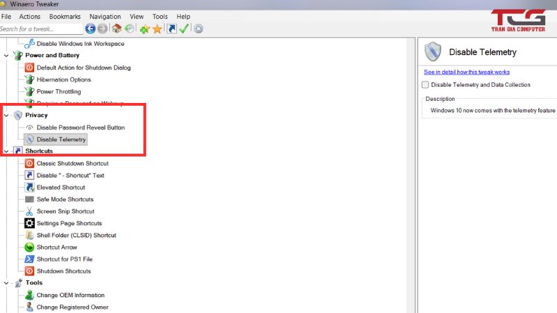 vào privacy chọn disable telemetry