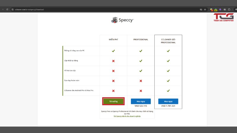 Tải speccy tại trang chủ CCleaner