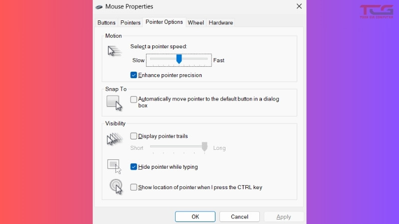 mở hộp thoại mouse properties
