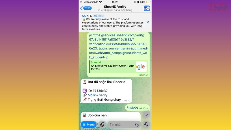chọn /verify dán link để bot xác minh